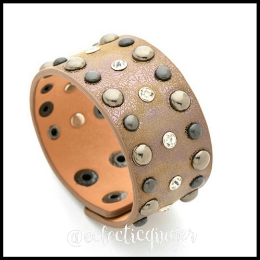 RUSTY CHAMPAGNE leather studded snap cuff bracelet